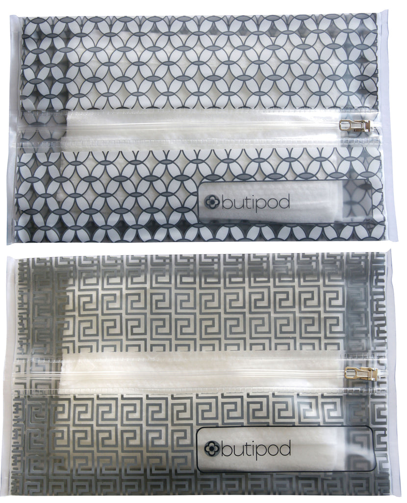 buti-pod zip | grey tiles and greek key | 2-pack